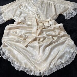 Vintage Oscar De La Renta Ivory Lace Midi Robe Pockets Tie Waist XL Romantic